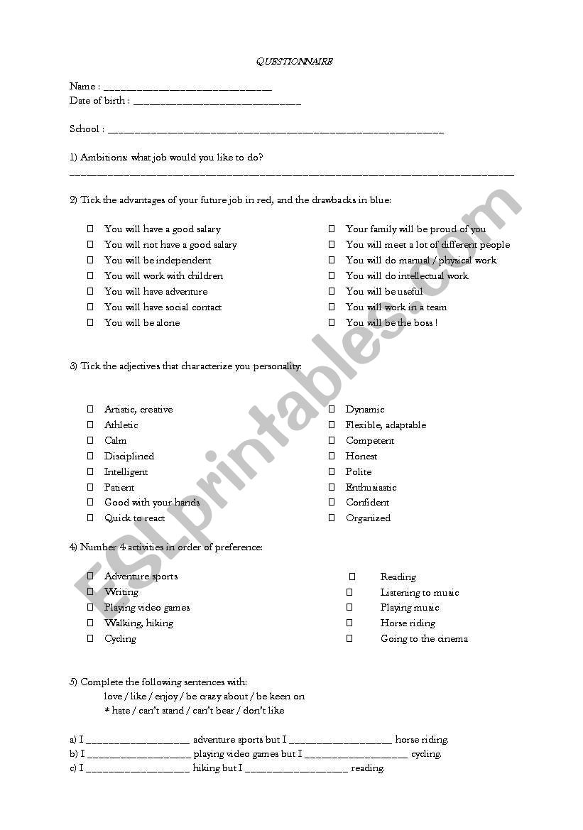 Job Questionnaire worksheet