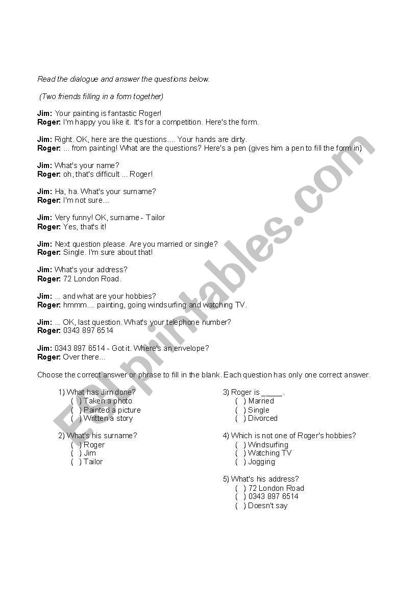 Dialogue worksheet