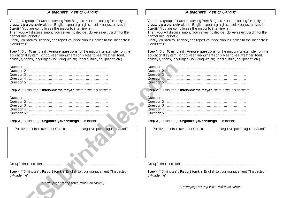 A teachers visit to Cardiff worksheet