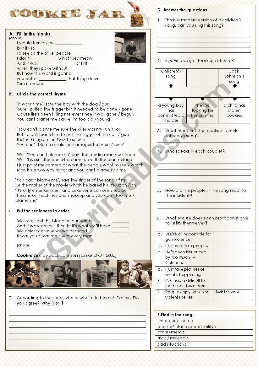 Cookie jar - Jack Johnson worksheet