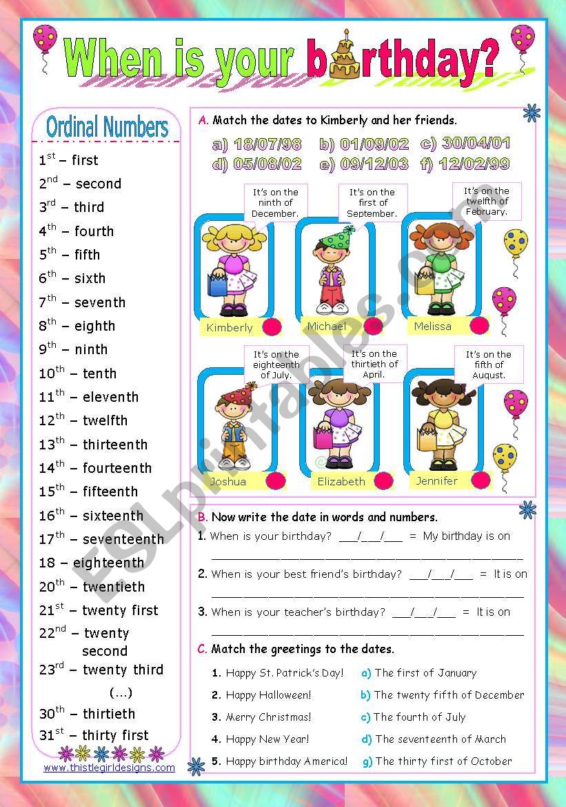 Dates - ordinal numbers:  When is your birthday?