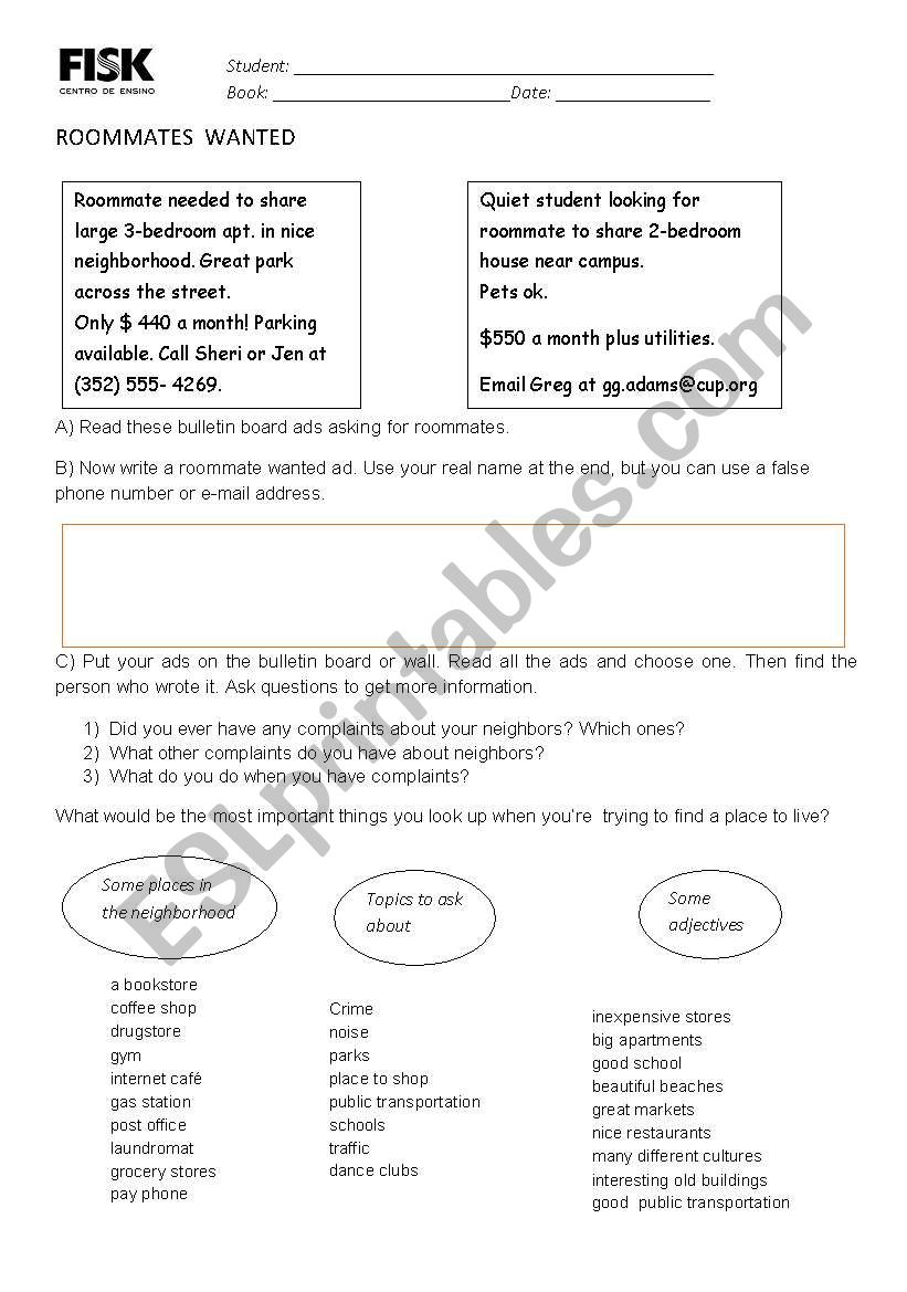 ROOMMATES  WANTED worksheet