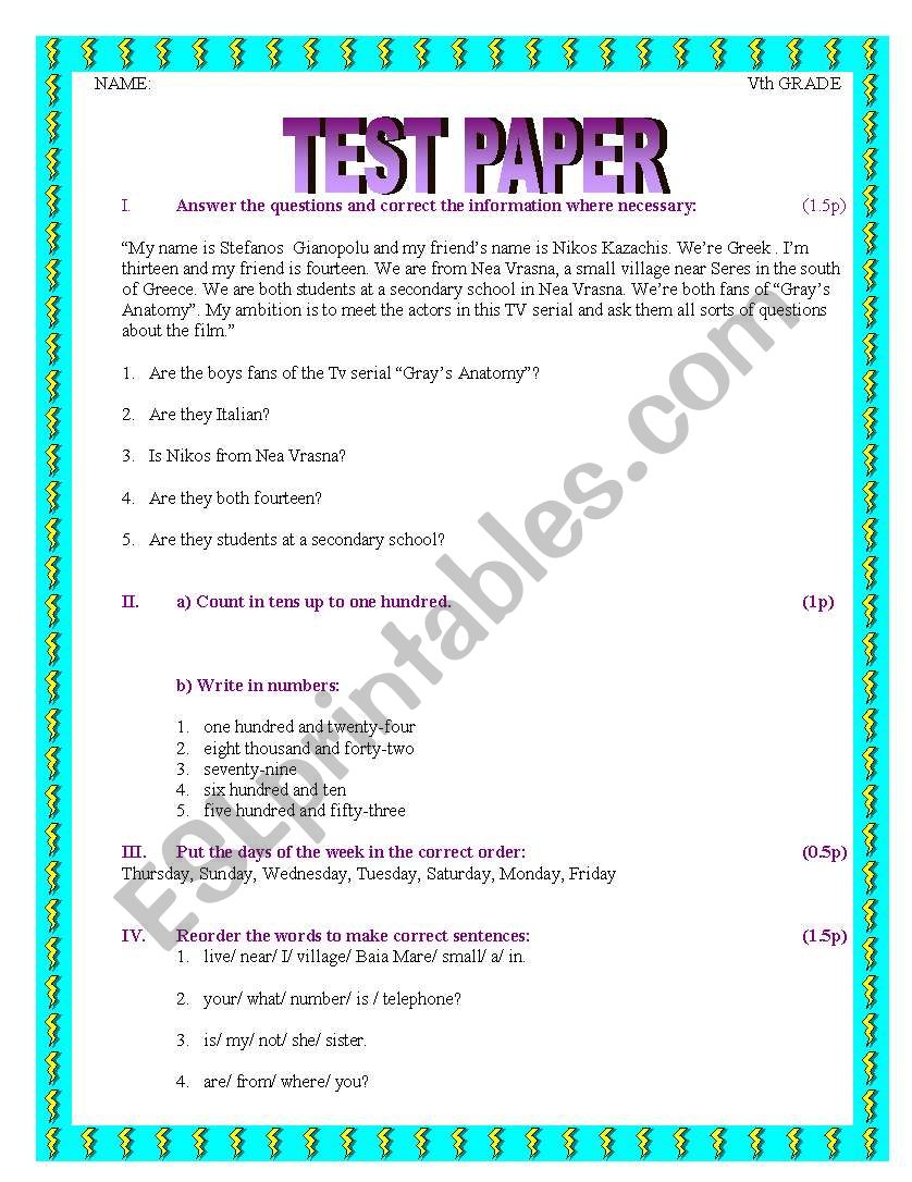 5th grade test paper worksheet
