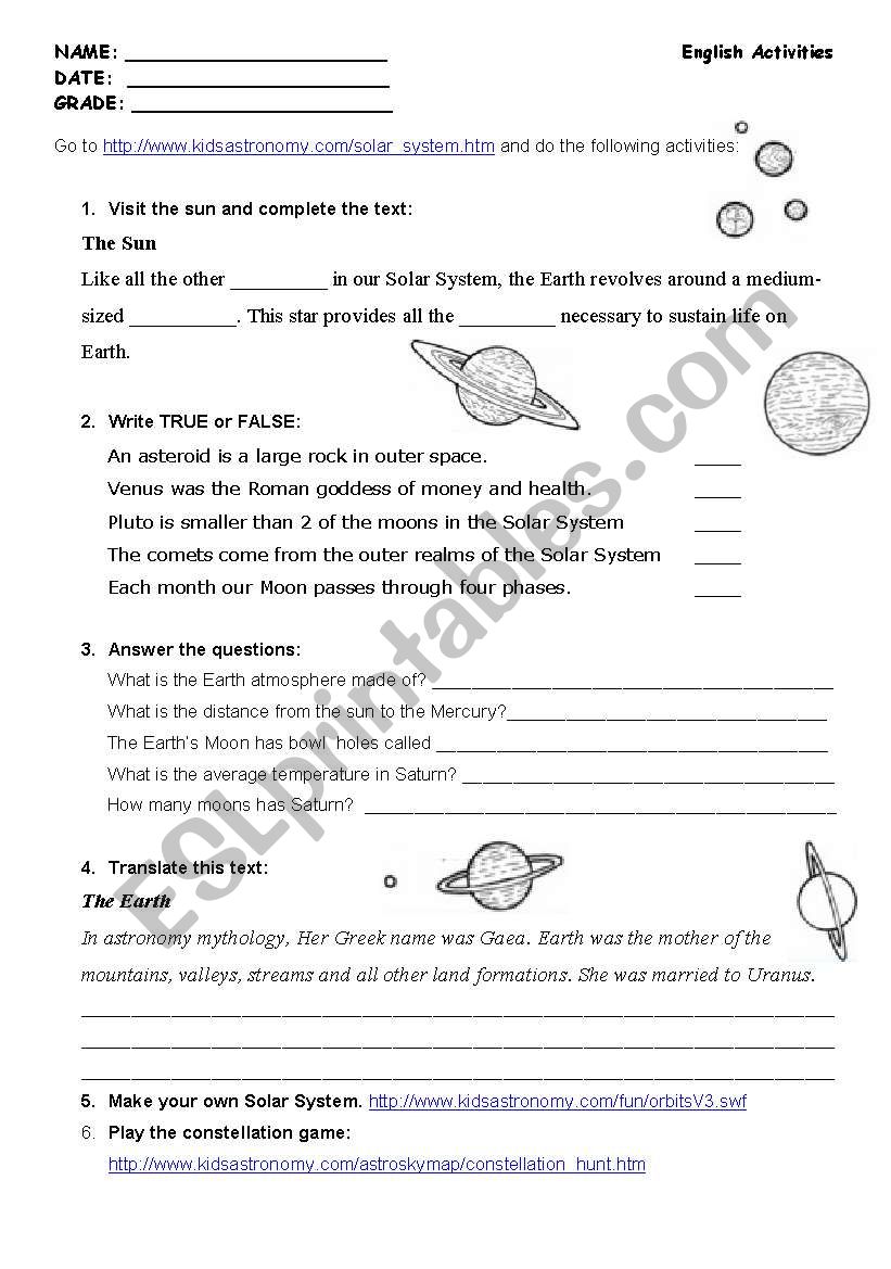 Astronomy worksheet
