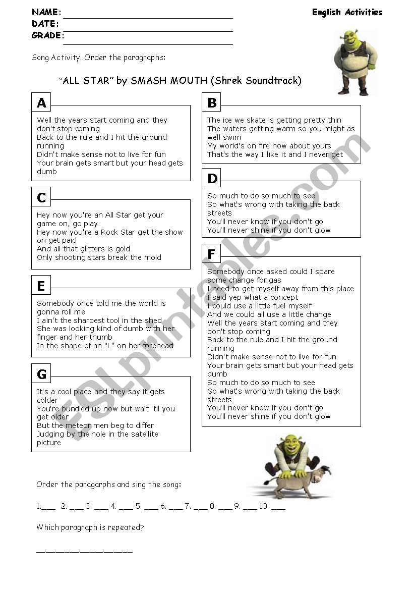 Shrek song  worksheet