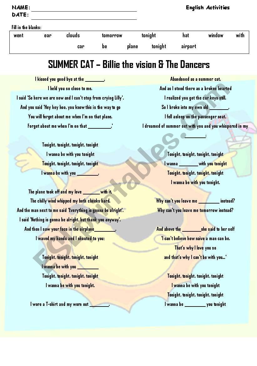 Summer Cat song activity  worksheet