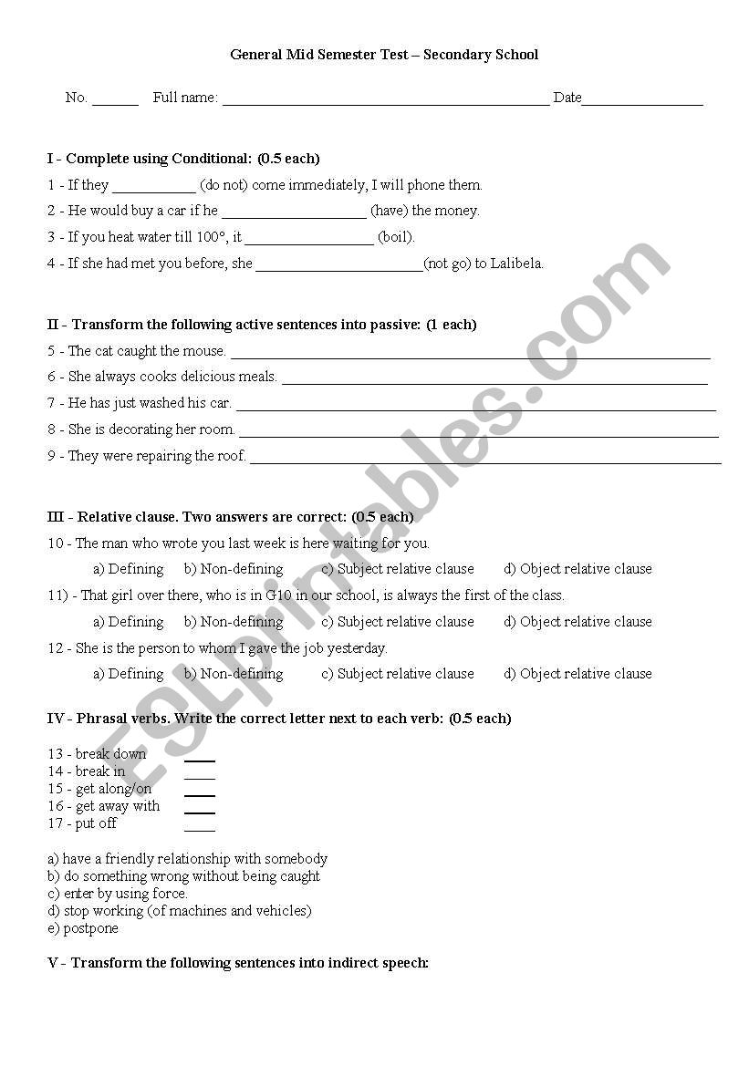 Test  for secondary school worksheet