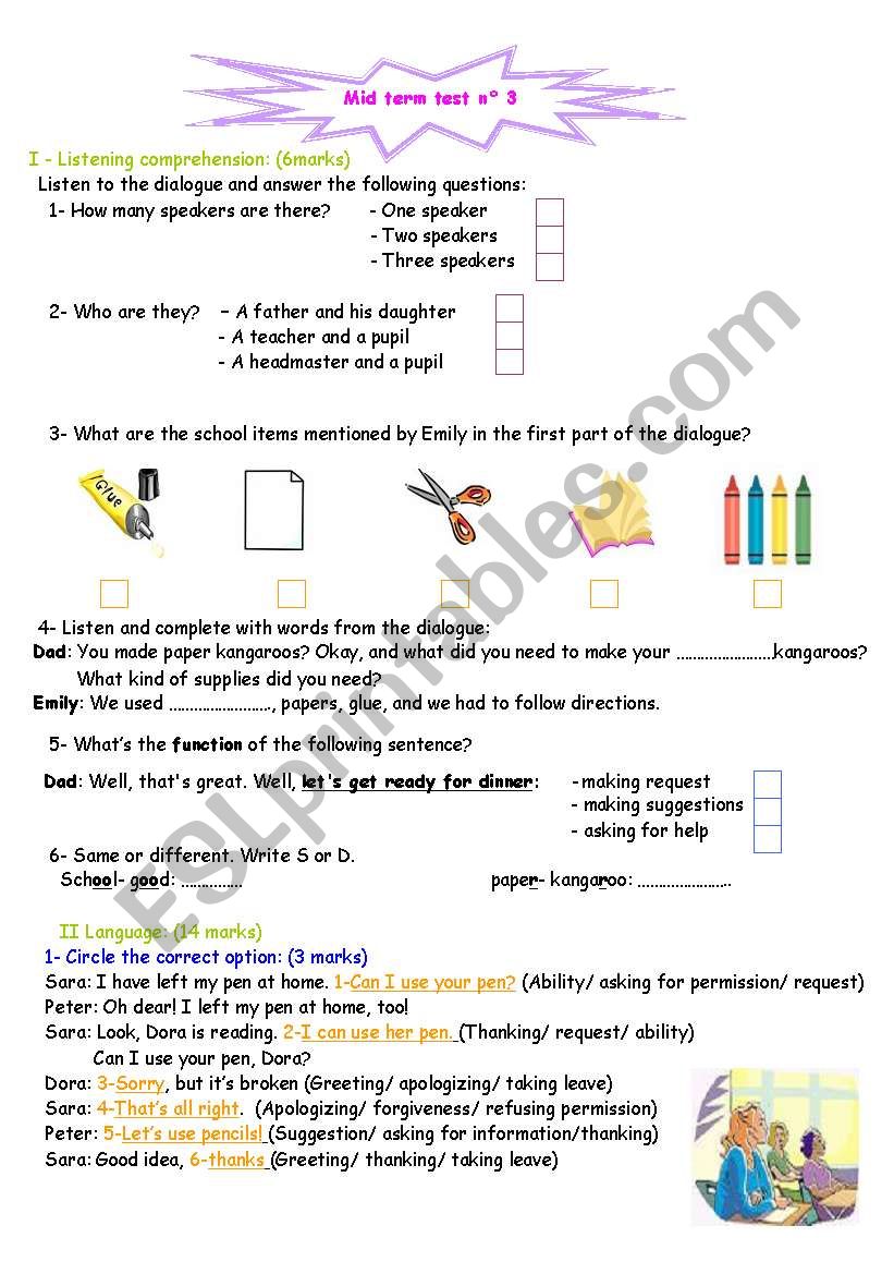 test for 7th form worksheet