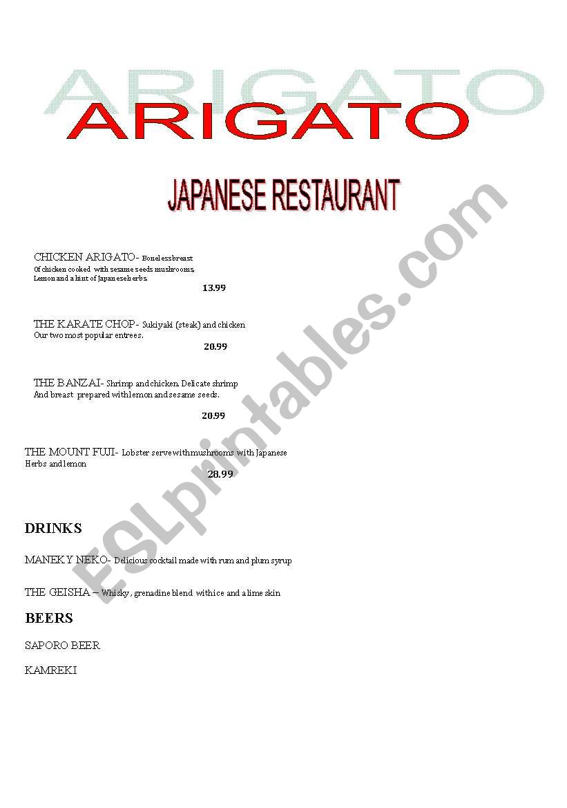 Menu  worksheet