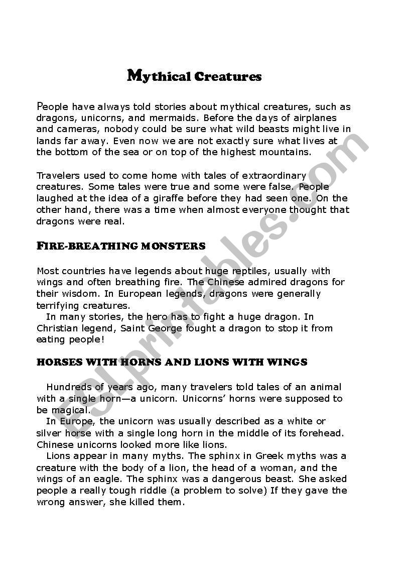 Text about Mythical creatures worksheet