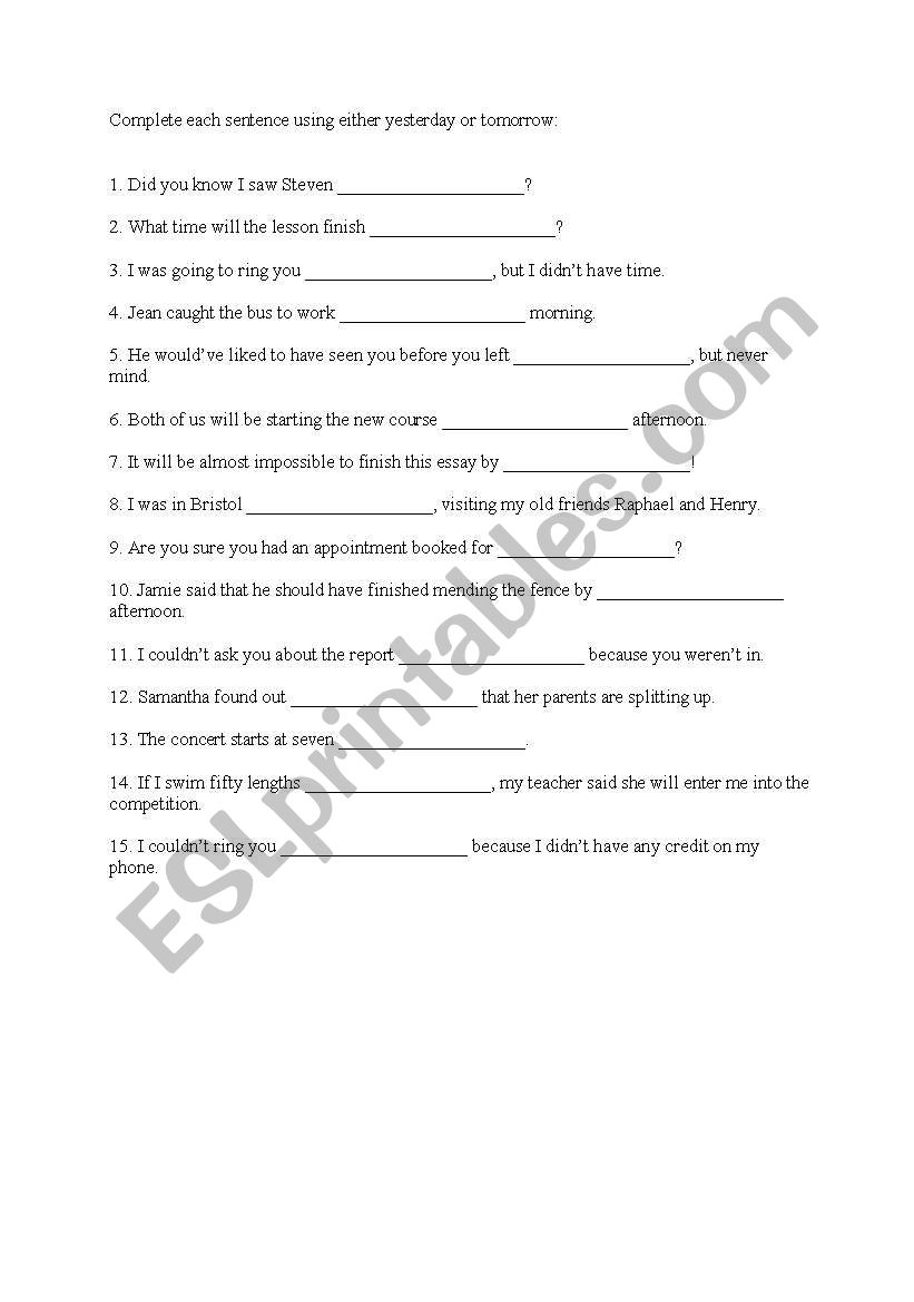yesterday and 0otmorrow worksheet