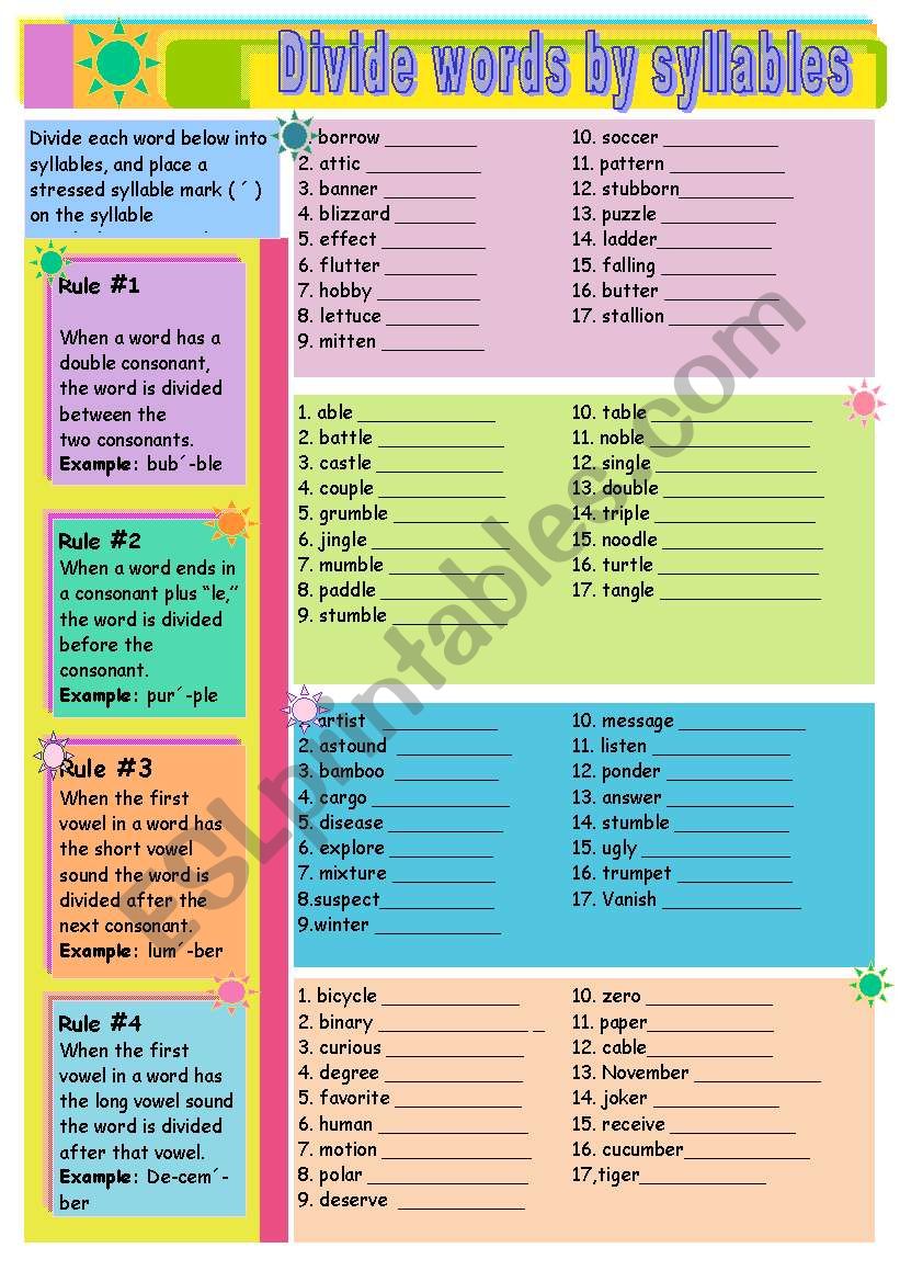 Divide words by syllables rules and exercises