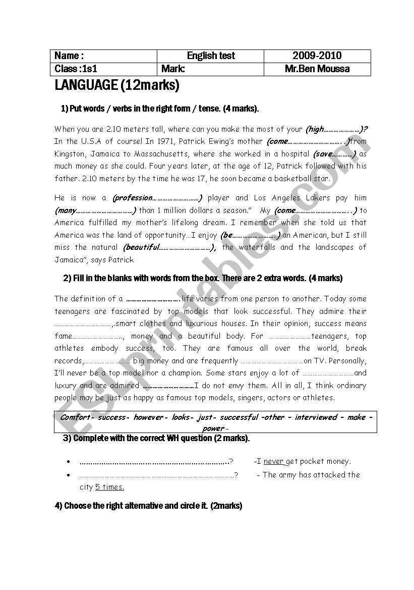 A 1 st year secondary school test. A Tunisian test