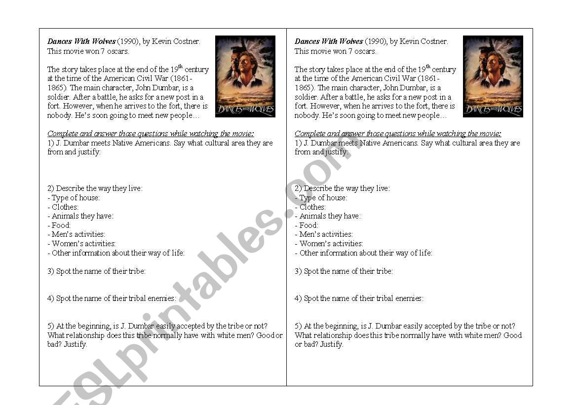 Dances With Wolves worksheet