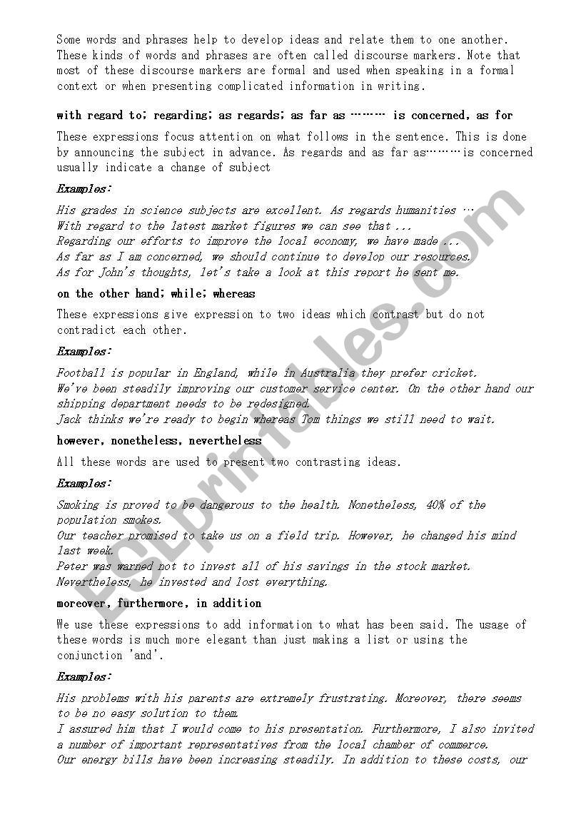 discourse markers worksheet