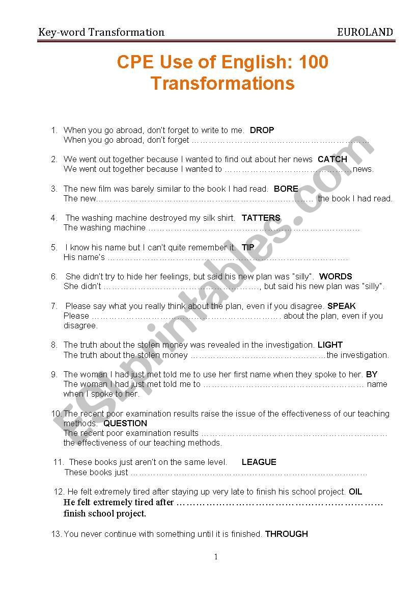 Key-word Transformations worksheet