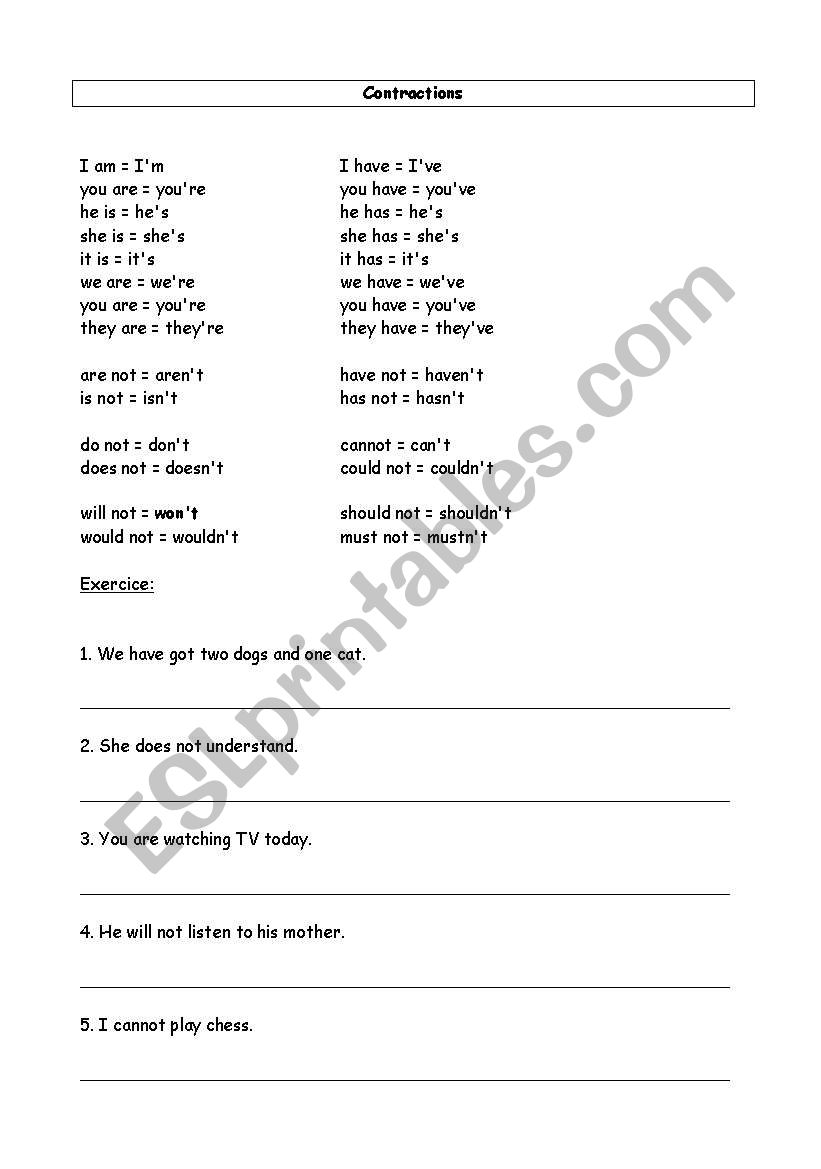 Contractions List worksheet