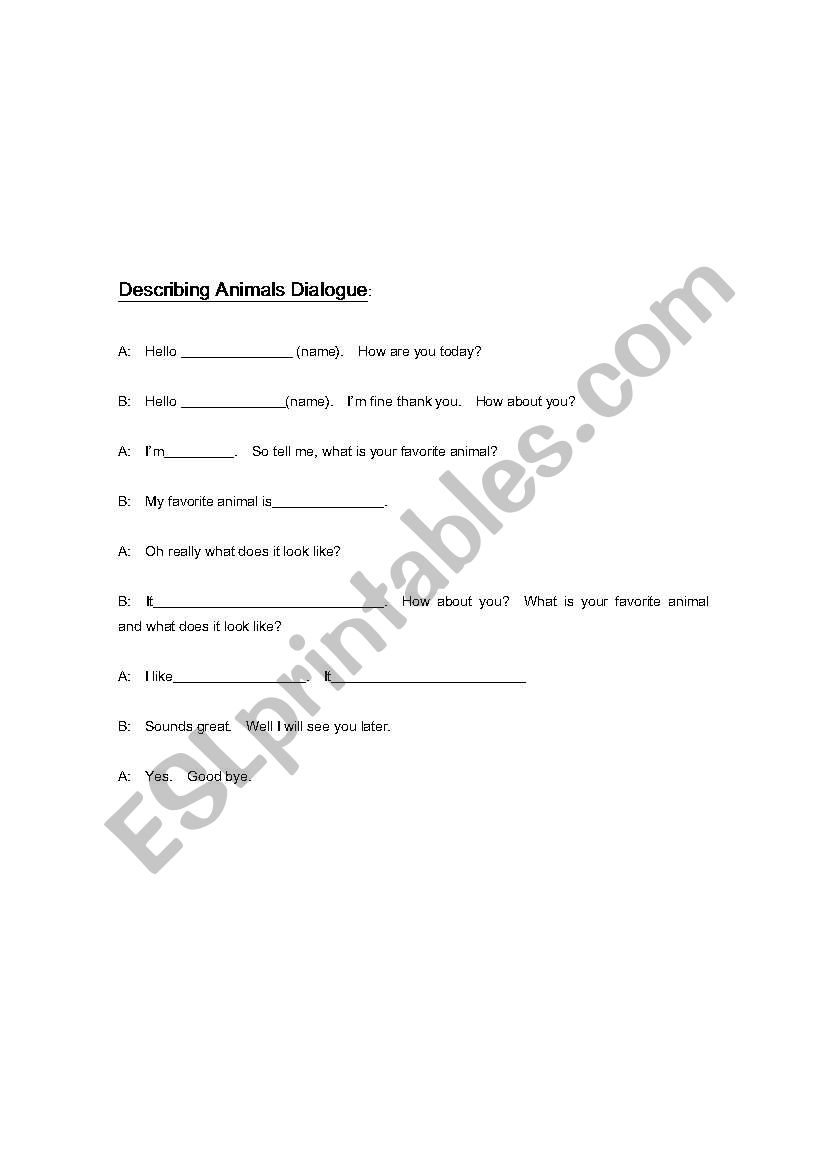 Describing Animals Dialogue worksheet