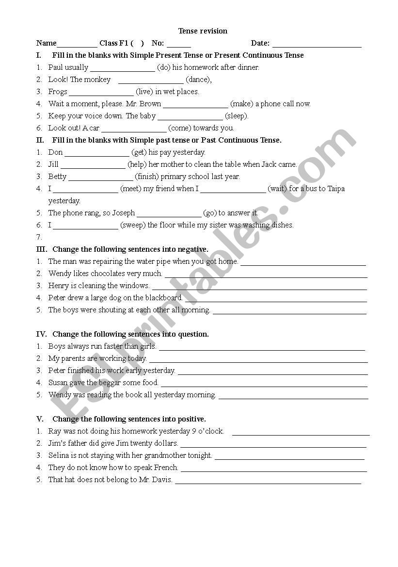 tense revision exercise worksheet