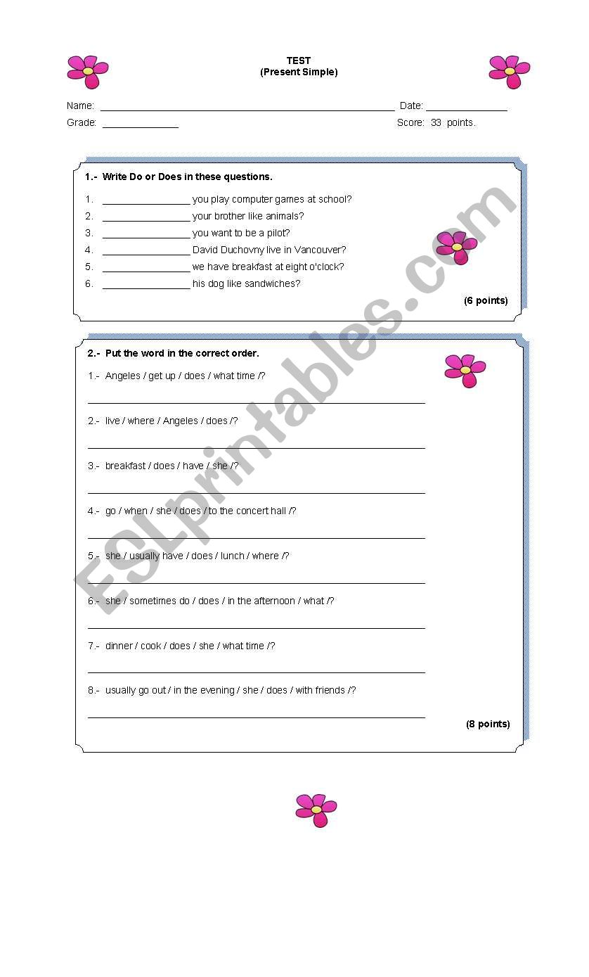 Simple Present Test worksheet