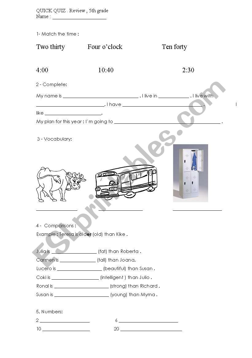 Quiz 5th. grade worksheet