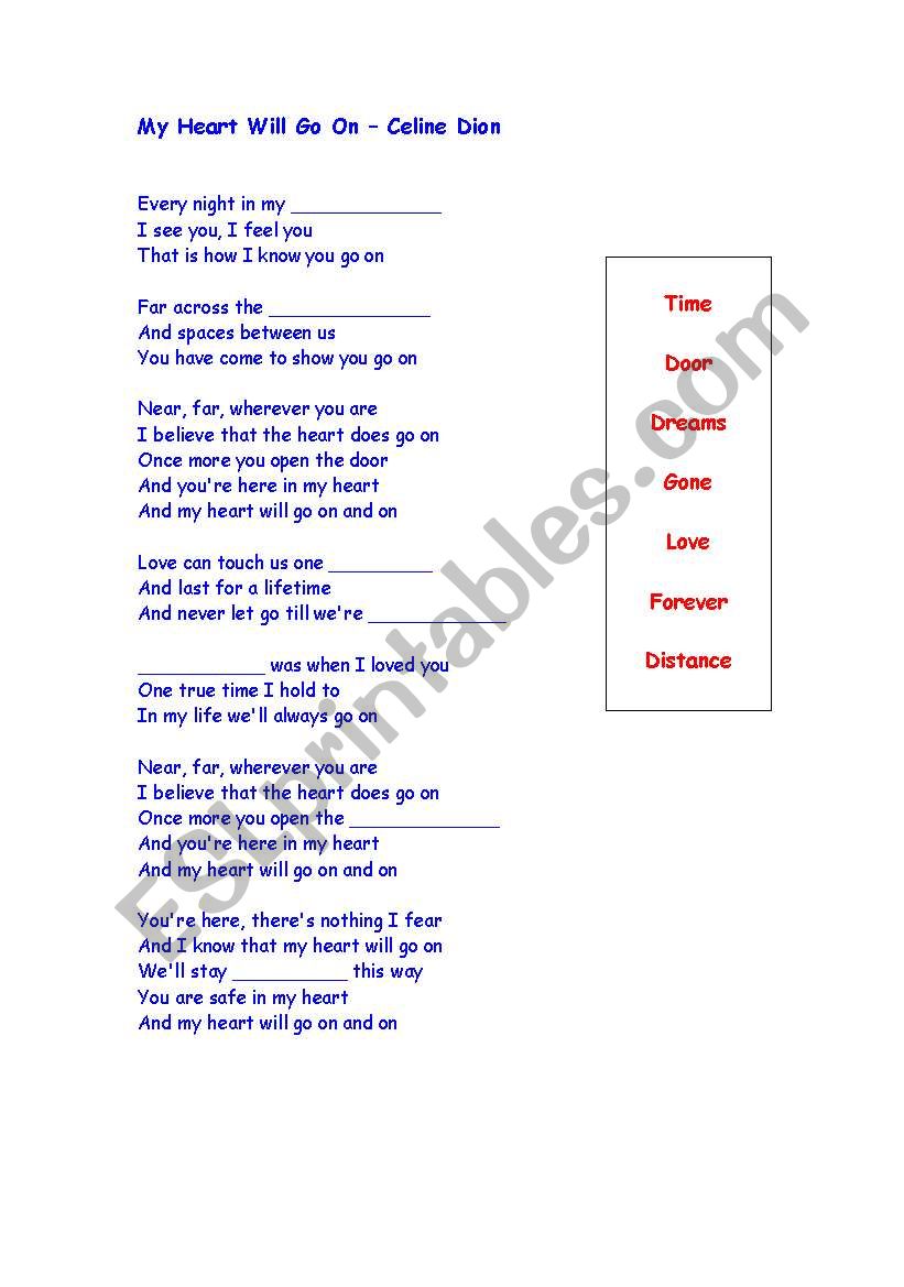 My Heart Will Go On Lyrics Worksheet