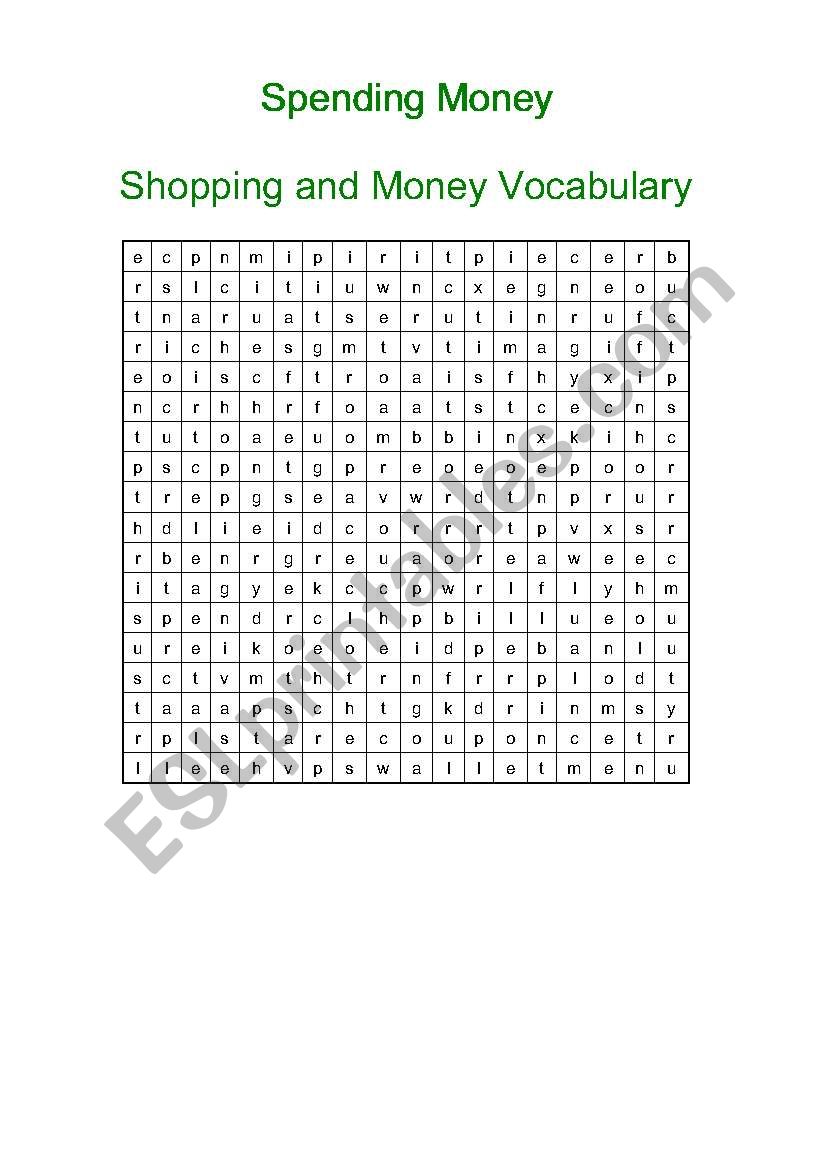 Shopping and Money Wordsearch worksheet