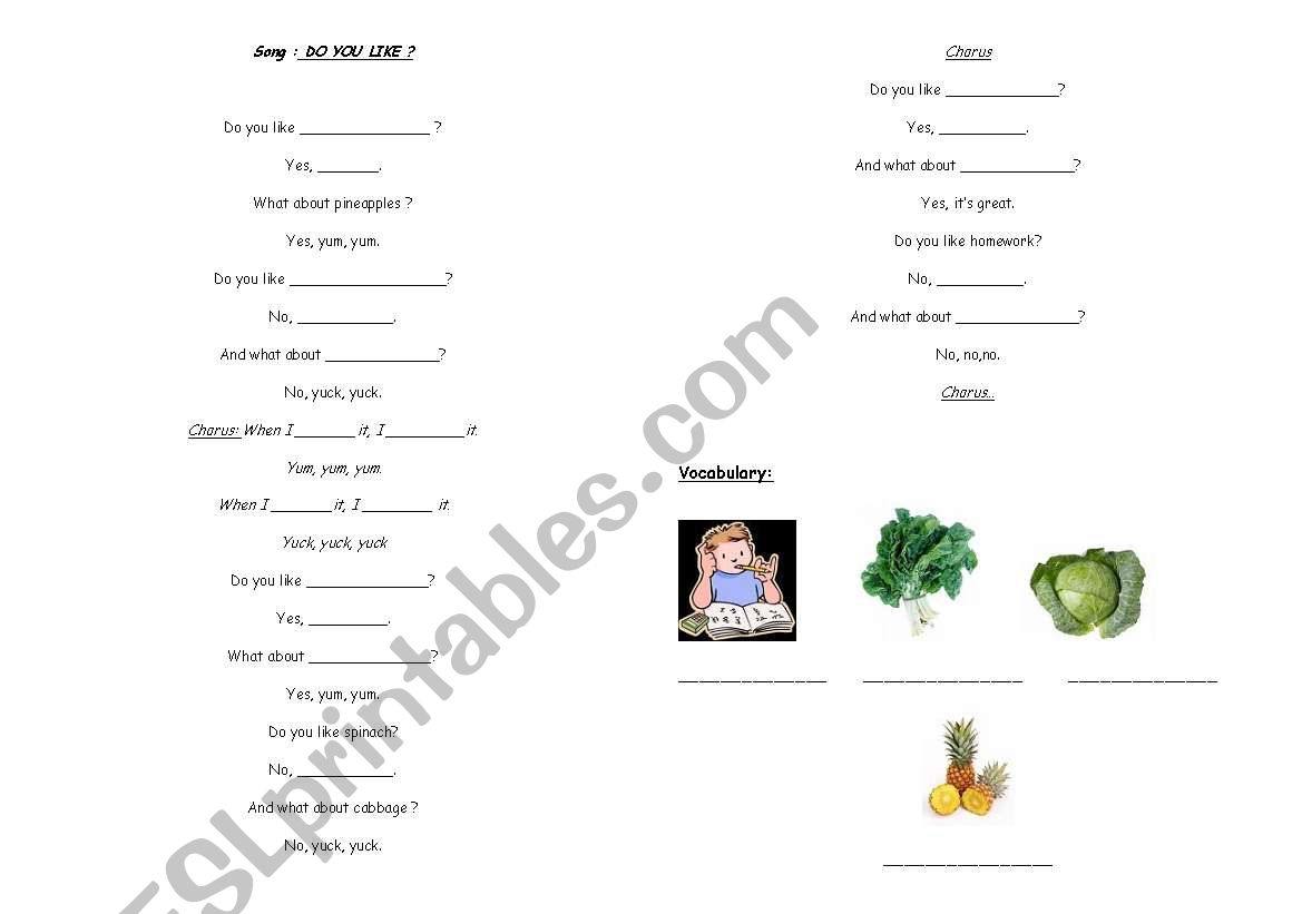 SONG: DO YOU LIKE BANANAS? worksheet