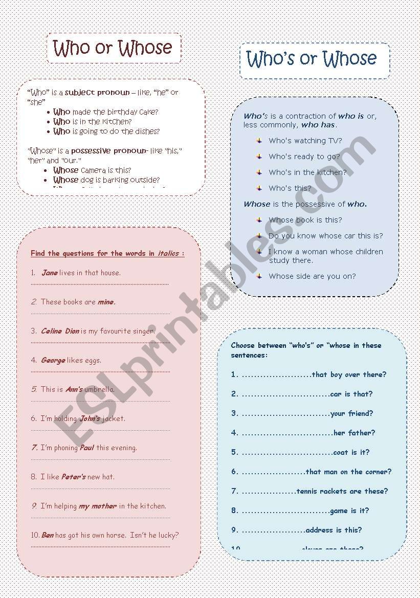 Who, Whos or Whose worksheet