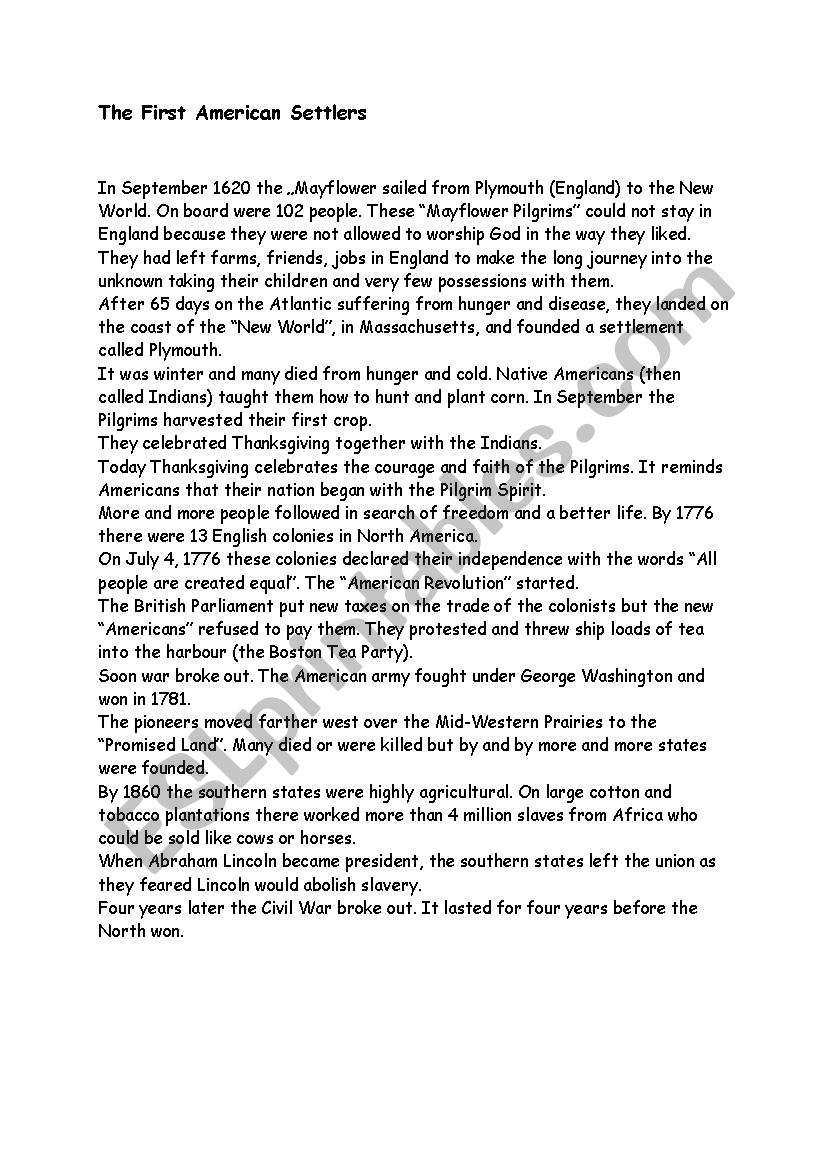 The First American Settlers worksheet