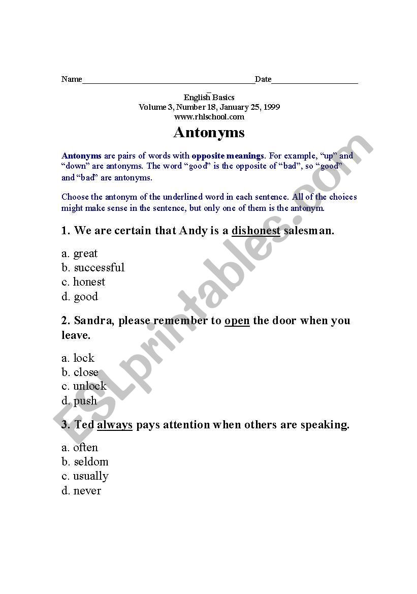 Antonyms worksheet