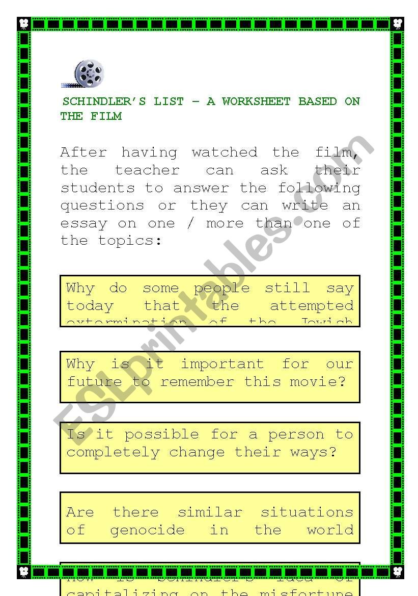 Schindler´s list questions on the film / movie ESL worksheet by