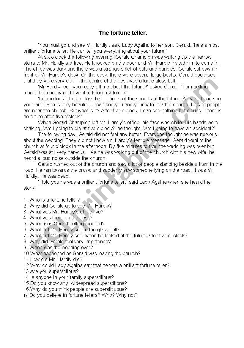 reading the fortune teller worksheet