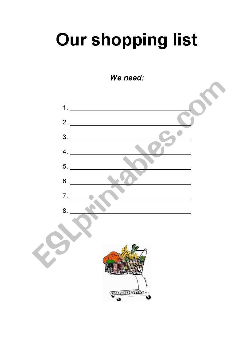 Shopping list worksheet