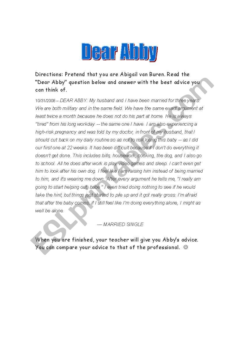 Dear Abby Advice worksheets worksheet