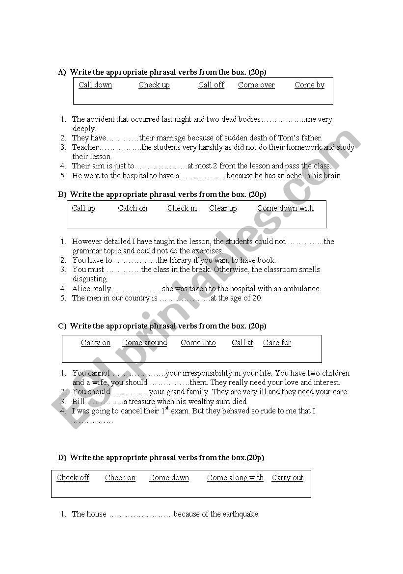 phrasal verb exercisis worksheet