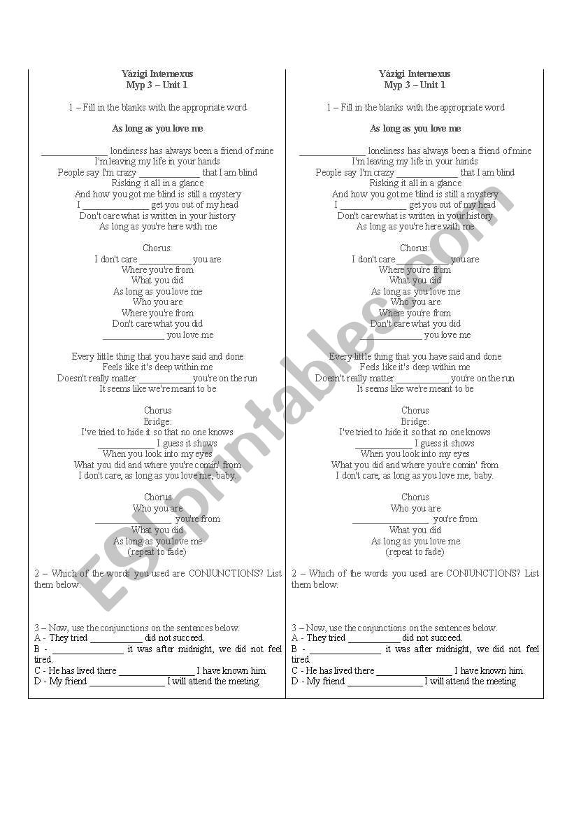 Song - As long as you love me worksheet