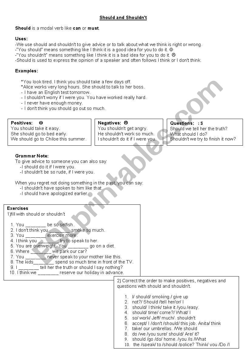 Should/Shouldnt worksheet
