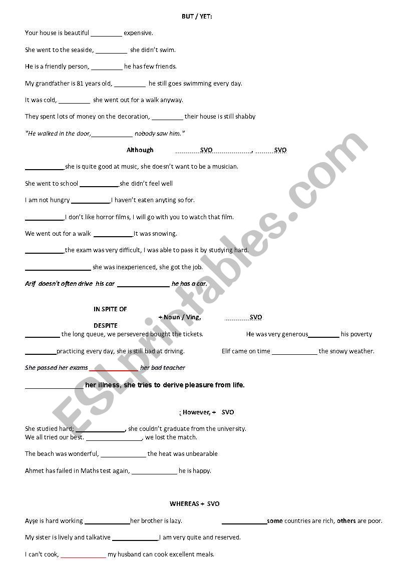 conjunctions contrast worksheet