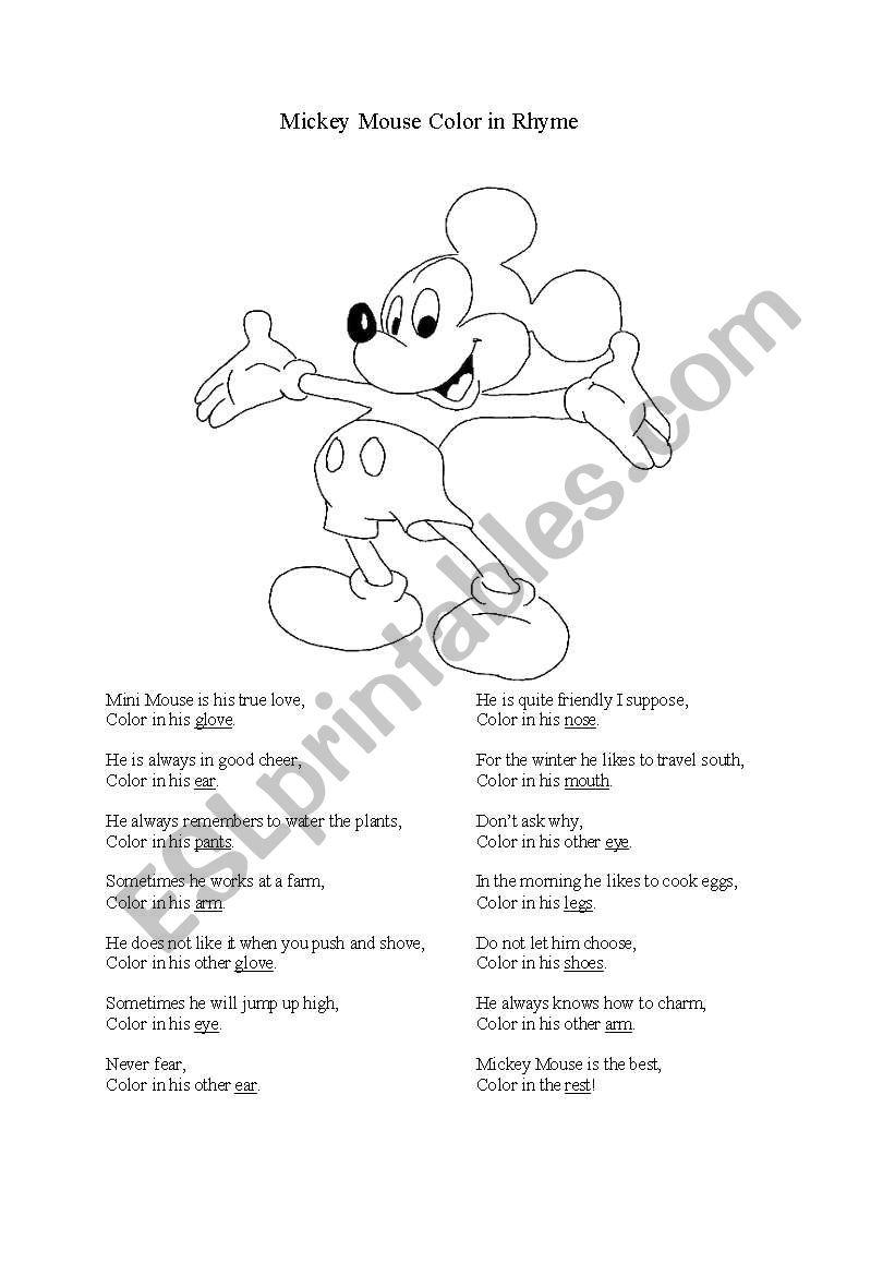 Mickey Mouse Color in Rhyme worksheet
