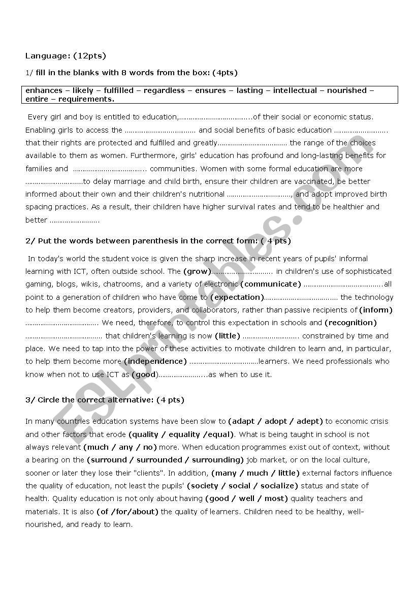 test N° 5 (3rd form) worksheet