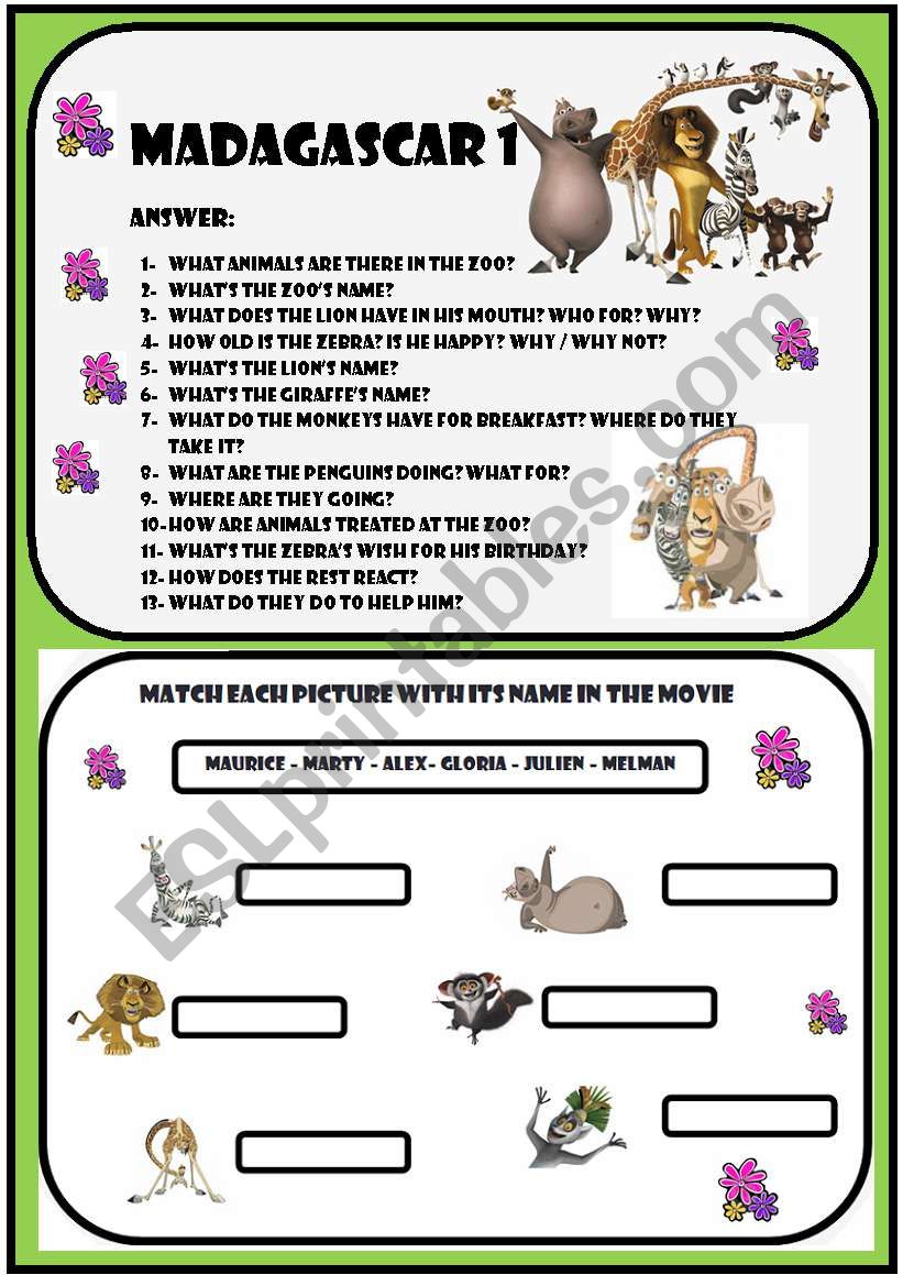 Madagascar I - Movie worksheet