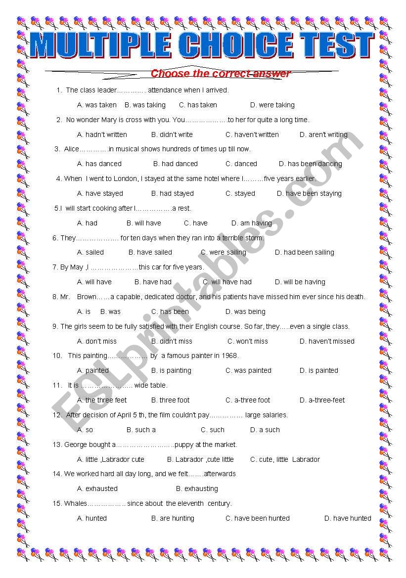 MULTIPLE CHOICE TEST worksheet