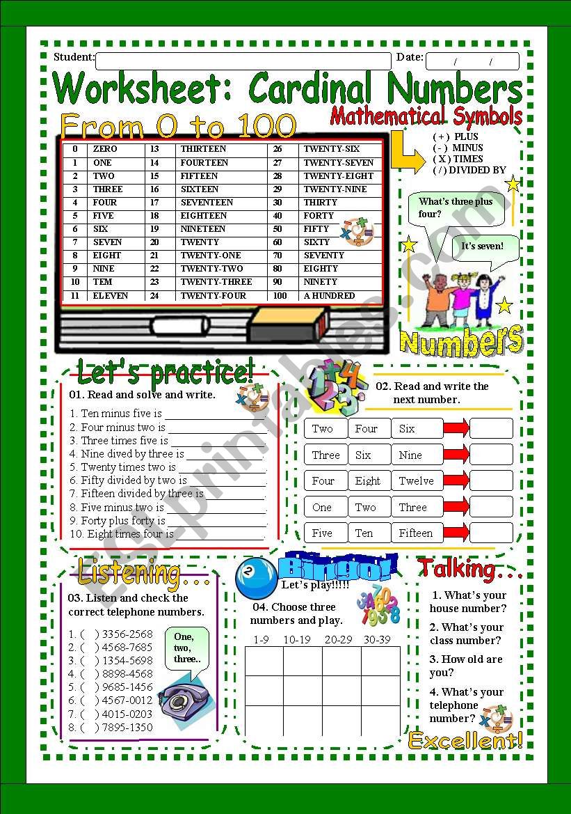 Worksheet: Cardinal Numbers from 1 to 100 (Exercise + Bingo + Oral )