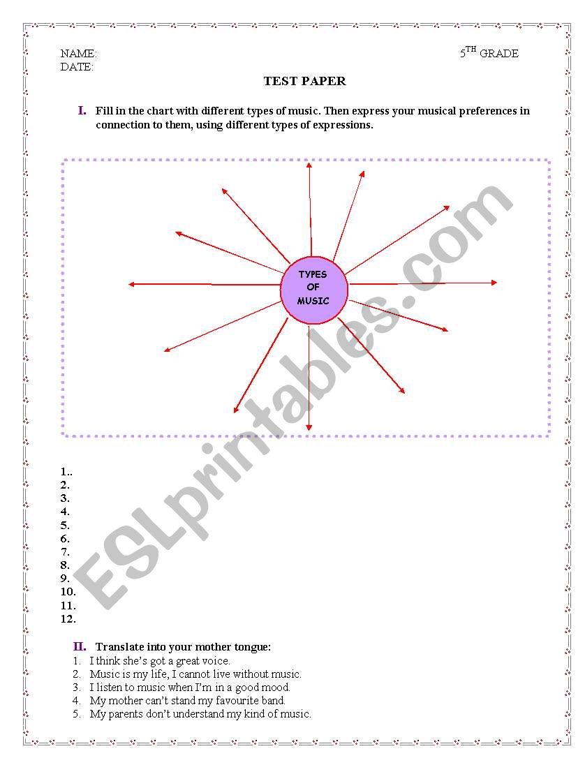 5th grade test paper worksheet