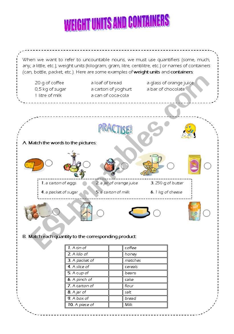 Weight Units and Containers Worksheet