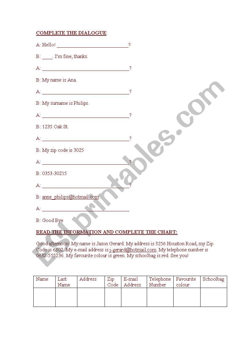 Personal Information worksheet