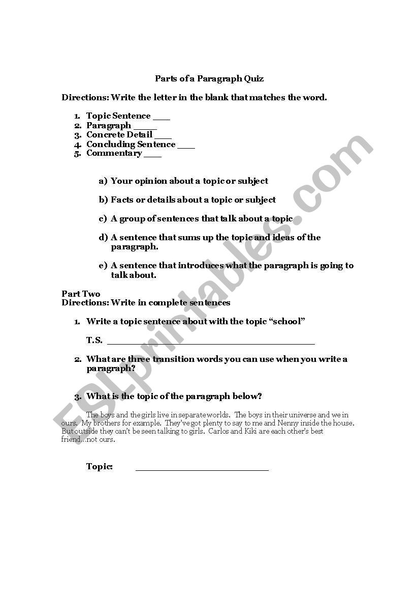 Paragraph parts worksheet