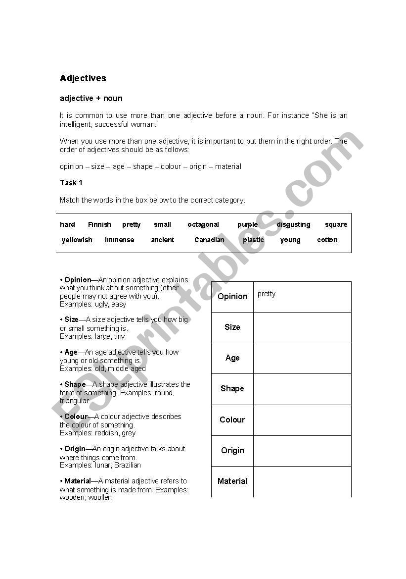 Adjectives order worksheet