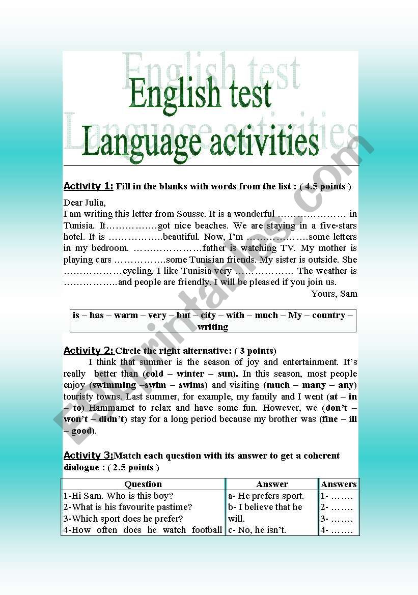 english test(language) worksheet
